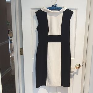London Times Black and White Sheath Dress with Mock Neck